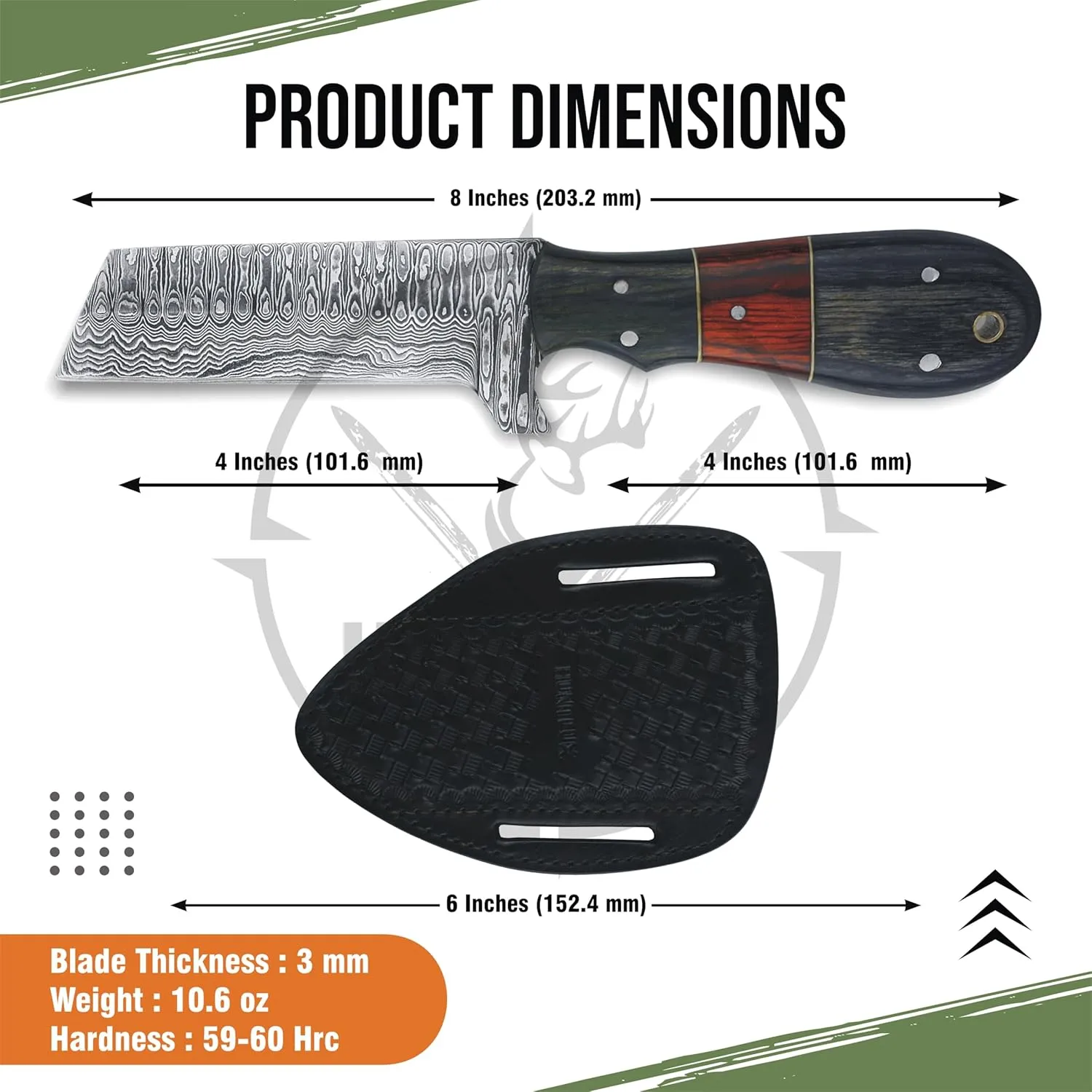 Damascus Steel Hunting Knife with Sheath for Belt, Handmade 8" Sharp Bull Cutter Knife, EDC Fixed Blade Knife, Full Tang Cowboy Knife with Wooden Handle, Skinning Knife for Outdoor Camping