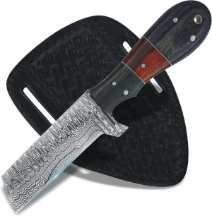 Damascus Steel Hunting Knife with Sheath for Belt, Handmade 8" Sharp Bull Cutter Knife, EDC Fixed Blade Knife, Full Tang Cowboy Knife with Wooden Handle, Skinning Knife for Outdoor Camping