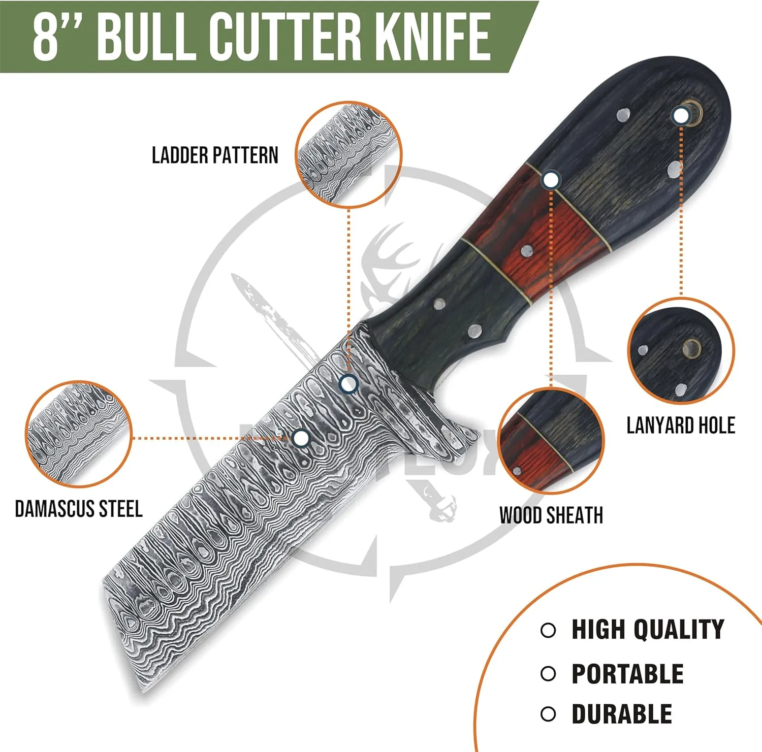 Damascus Steel Hunting Knife with Sheath for Belt, Handmade 8" Sharp Bull Cutter Knife, EDC Fixed Blade Knife, Full Tang Cowboy Knife with Wooden Handle, Skinning Knife for Outdoor Camping