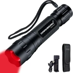 DARKBEAM Red Light Flashlight Tactical LED USB Rechargeable Zoom Flood/Spot Light, Portable Handheld Redlight for Night Hunting, Observation, Fishing, Astronomy, Aviation, Rescue, Stargazin