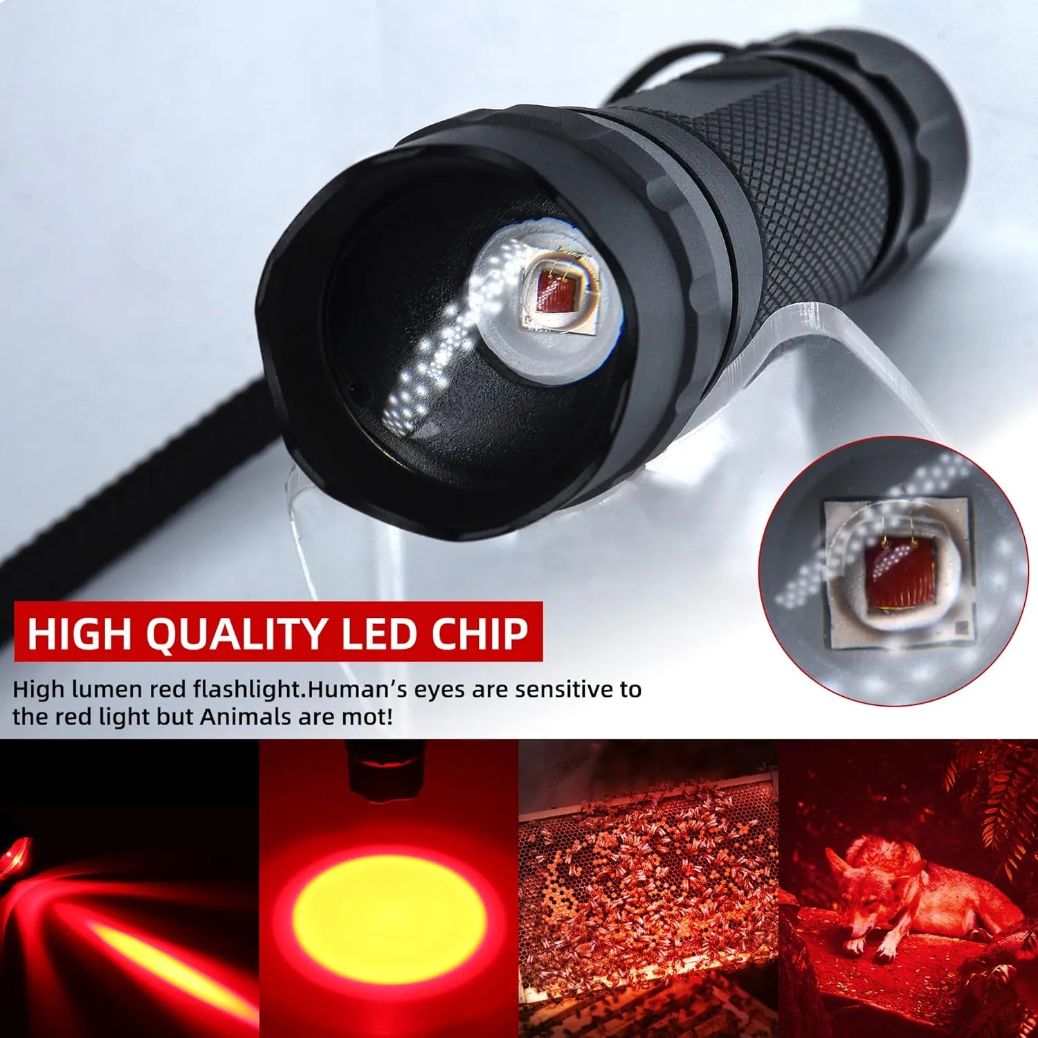 DARKBEAM Red Light Flashlight Tactical LED USB Rechargeable Zoom Flood/Spot Light, Portable Handheld Redlight for Night Hunting, Observation, Fishing, Astronomy, Aviation, Rescue, Stargazin