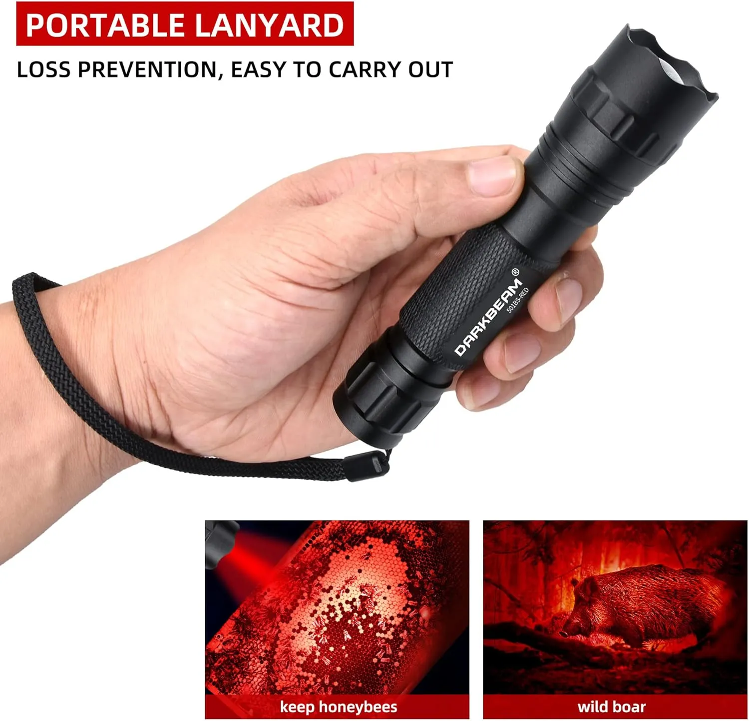 DARKBEAM Red Light Flashlight Tactical LED USB Rechargeable Zoom Flood/Spot Light, Portable Handheld Redlight for Night Hunting, Observation, Fishing, Astronomy, Aviation, Rescue, Stargazin