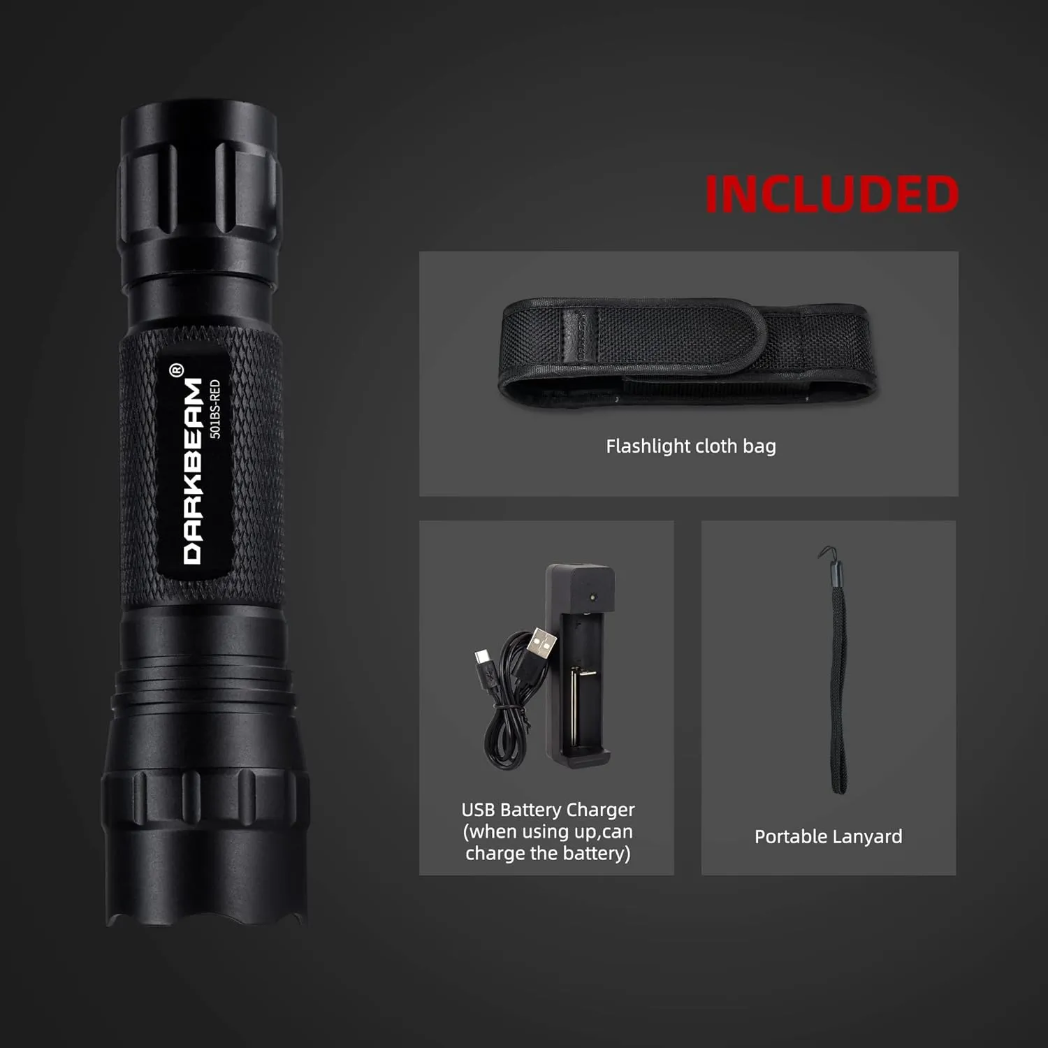 DARKBEAM Red Light Flashlight Tactical LED USB Rechargeable Zoom Flood/Spot Light, Portable Handheld Redlight for Night Hunting, Observation, Fishing, Astronomy, Aviation, Rescue, Stargazin