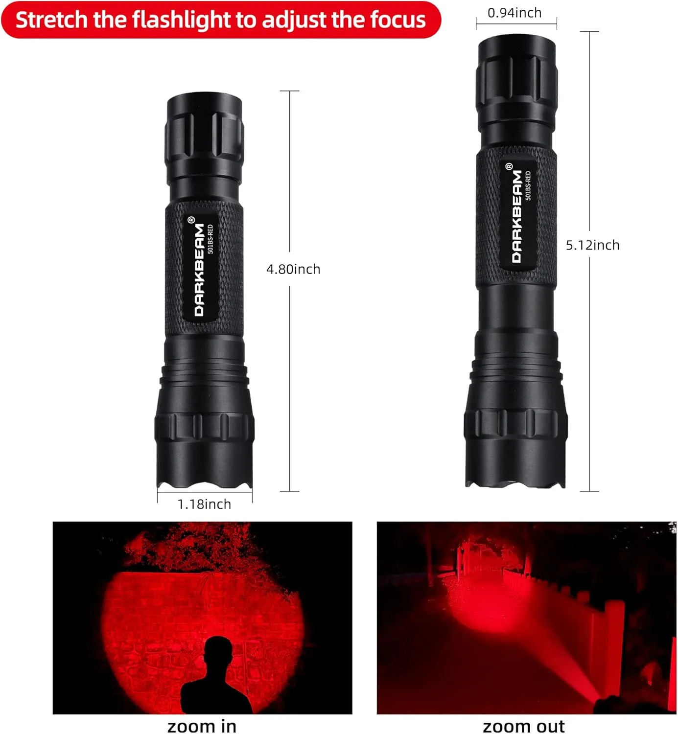 DARKBEAM Red Light Flashlight Tactical LED USB Rechargeable Zoom Flood/Spot Light, Portable Handheld Redlight for Night Hunting, Observation, Fishing, Astronomy, Aviation, Rescue, Stargazin