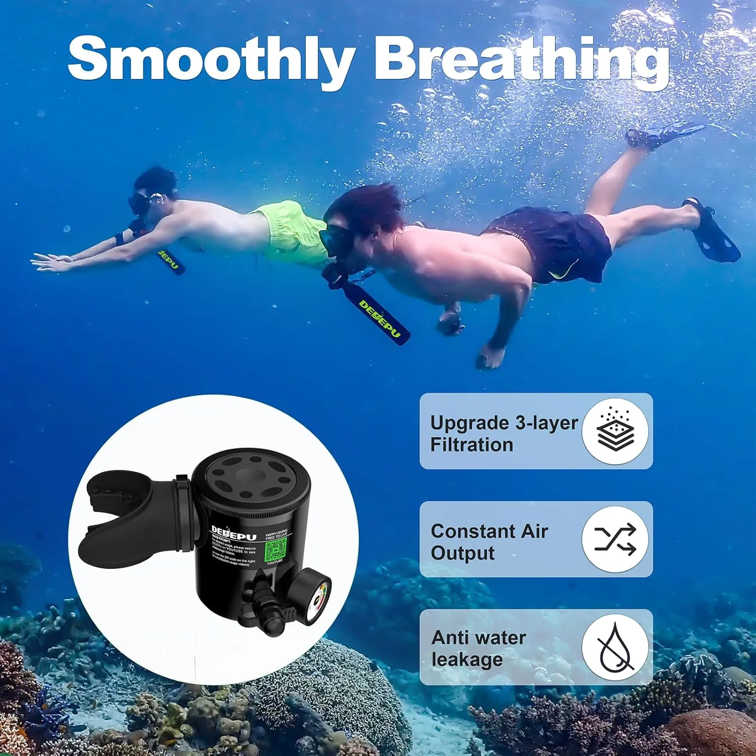 DEDEPU Mini Scuba Tank, 0.5L Scuba Diving Tank for Underwater Breathing, up to 10 Minutes Dive Time Portable Lung Diving Tank with 3000 PSI Max Pressure, Emergency Rescue Pony Bottle