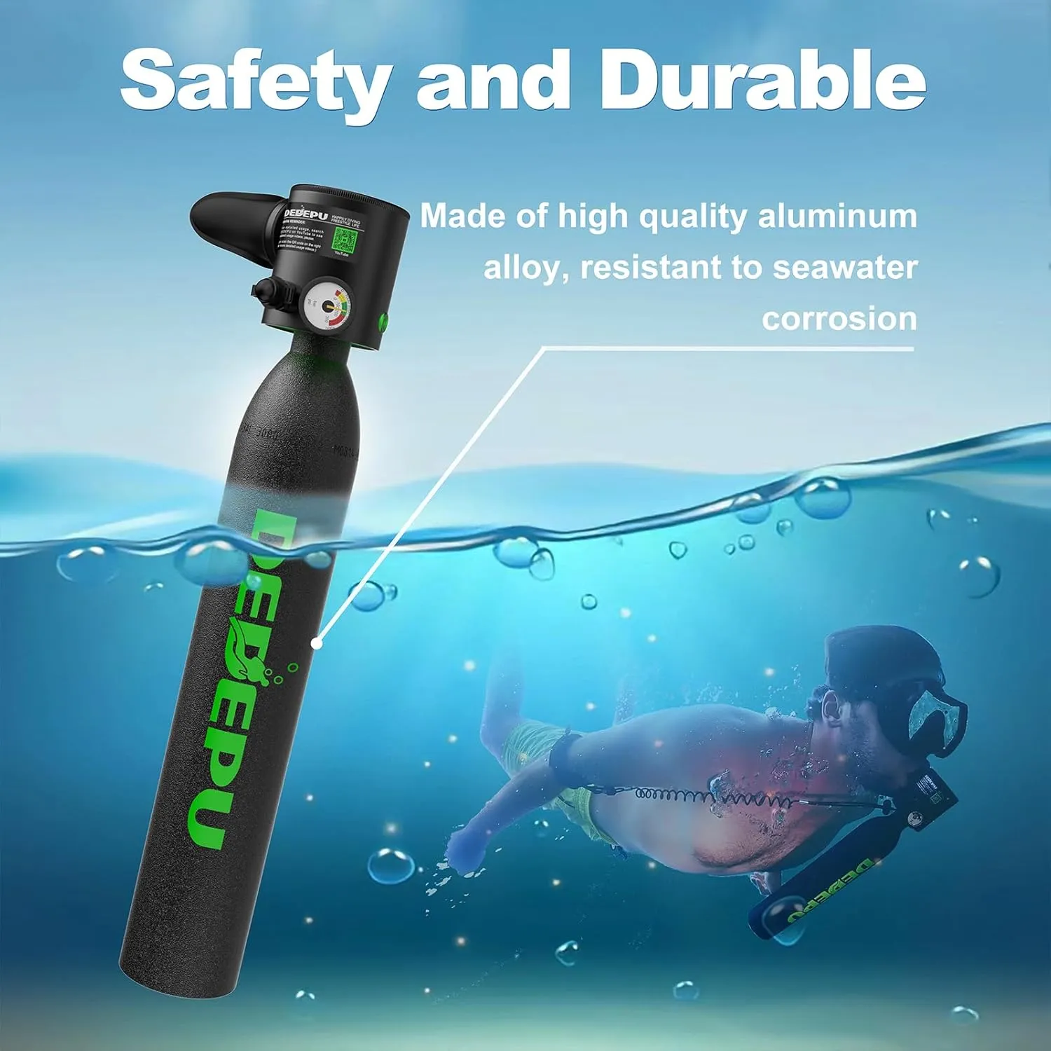 DEDEPU Mini Scuba Tank, 0.5L Scuba Diving Tank for Underwater Breathing, up to 10 Minutes Dive Time Portable Lung Diving Tank with 3000 PSI Max Pressure, Emergency Rescue Pony Bottle