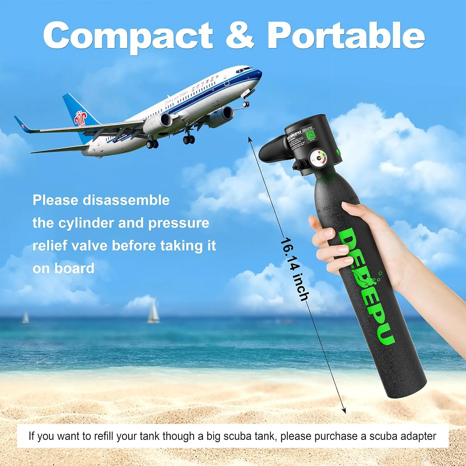DEDEPU Mini Scuba Tank, 0.5L Scuba Diving Tank for Underwater Breathing, up to 10 Minutes Dive Time Portable Lung Diving Tank with 3000 PSI Max Pressure, Emergency Rescue Pony Bottle