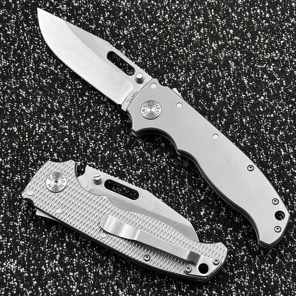 DEMKO Cold Steel Large Shark AD20 Titanium/Carbon Fiber Handle Bearing Outdoor Folding Knife Camping Survival Sharp Tactical Anti-Body EDC Tool Knife (Plain Clip Point Blade)