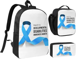 Developmental Disabilities Awareness Month Backpack Set Lightweight Laptop Backpack Lunch Bag with Pencil Case for Women Men Travel Work
