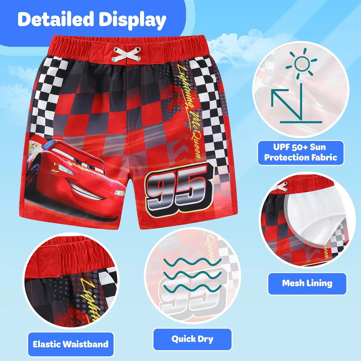 Disney Cars Lightning McQueen Boys UPF 50  Swim Trunks Bathing Suit for Toddler and Big Kids