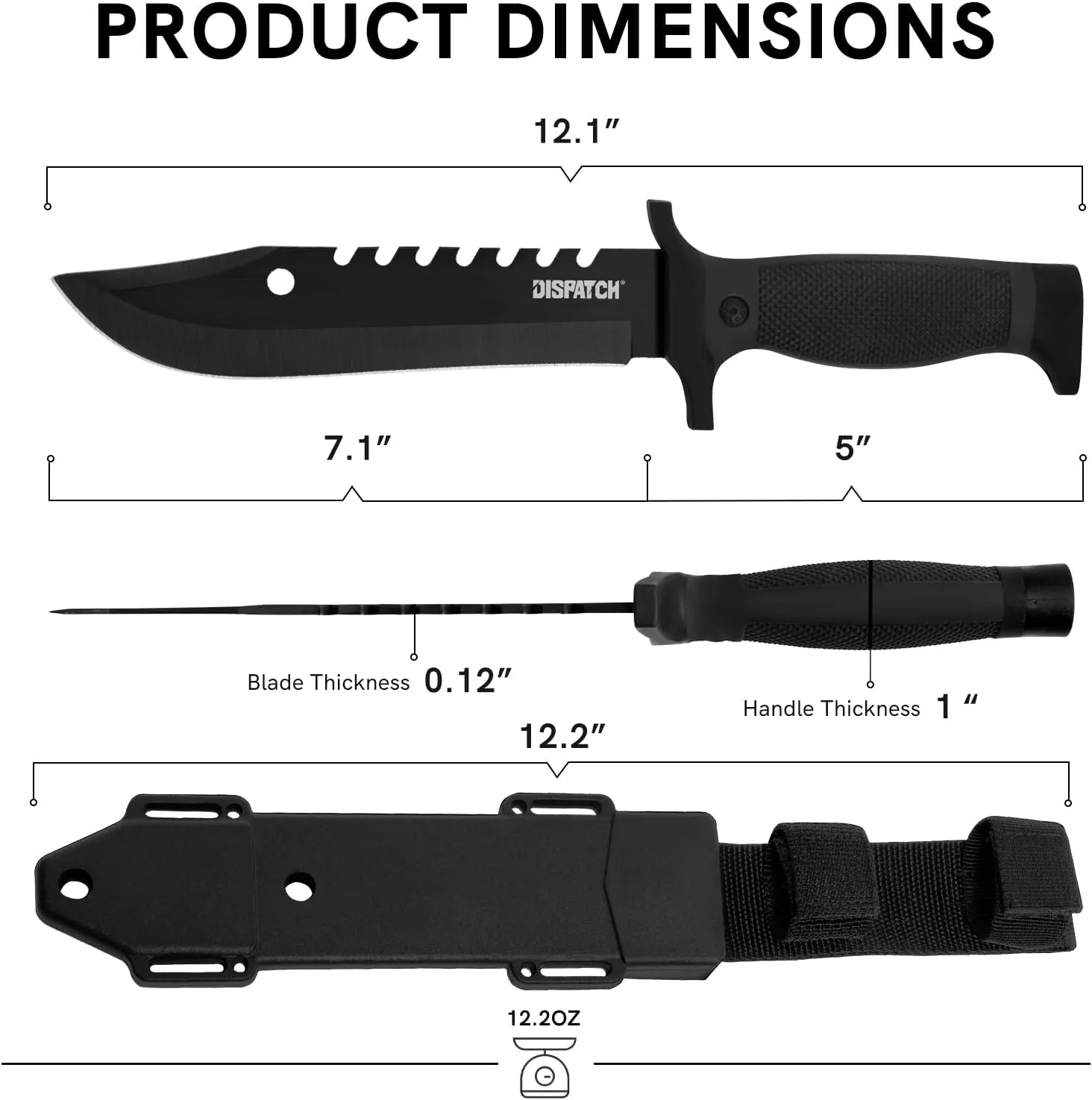 Dispatch Fixed Blade Hunting Knife with Sheath, 12-inch Survival Knives for Men Tactical Bowie Knife with Non-Slip Handle for Bushcraft, Outdoor Camping
