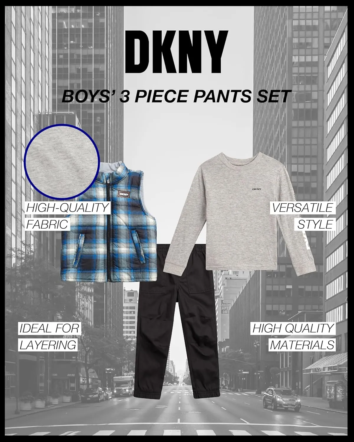 DKNY Baby Boys' Pants Set - 3 Piece Insulated Puffer Vest, Long Sleeve Shirts and Pants for Boys (Infant Sizes: 12M-4T)