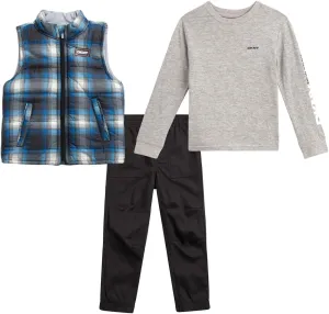 DKNY Baby Boys' Pants Set - 3 Piece Insulated Puffer Vest, Long Sleeve Shirts and Pants for Boys (Infant Sizes: 12M-4T)