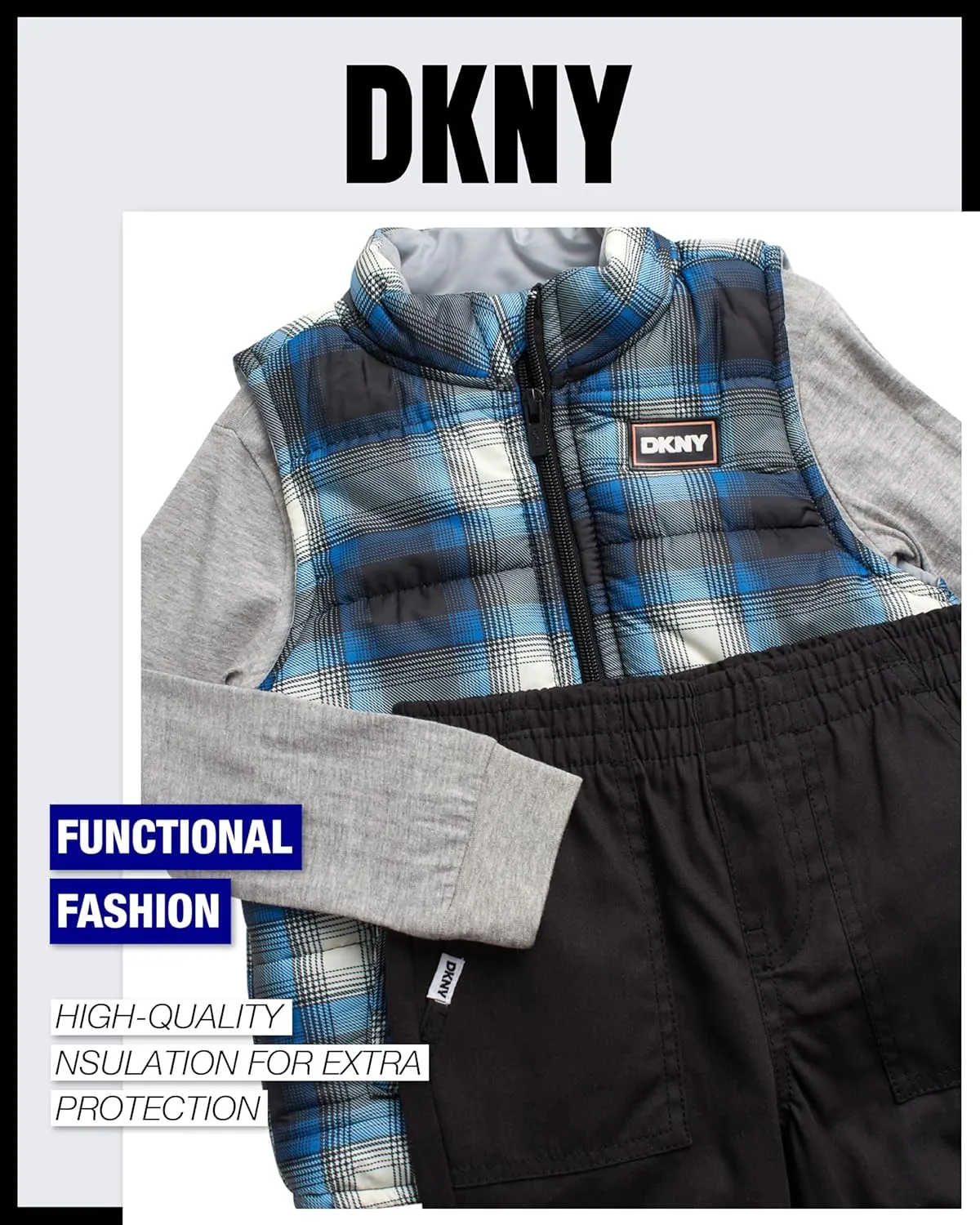 DKNY Baby Boys' Pants Set - 3 Piece Insulated Puffer Vest, Long Sleeve Shirts and Pants for Boys (Infant Sizes: 12M-4T)
