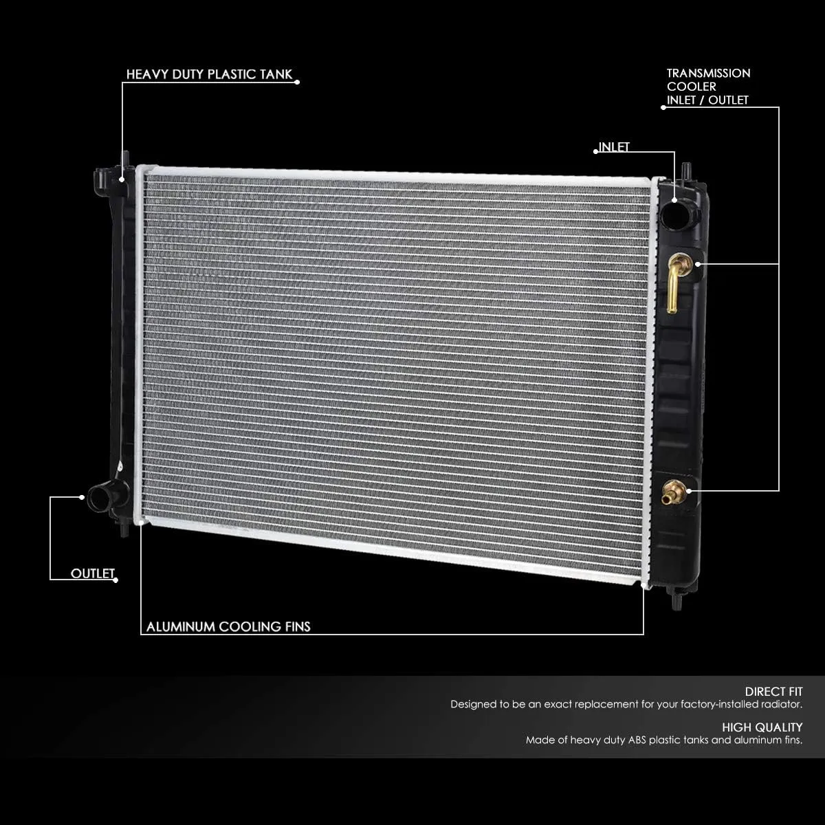 DNA Motoring OEM-RA-13039 1-Row OE Style Aluminum Core Radiator Compatible with 09-14 Murano / 11-16 Quest, 26-7/16" W X 18-1/16" H X 1" D, 1-3/8" Inlet, 1-3/8" Outlet