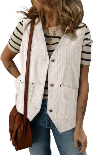 Dokotoo Womens Corduroy Vests Outerwear 2025 Button-Down Lightweight Waistcoat Sleeveless Jacket Casual Vest