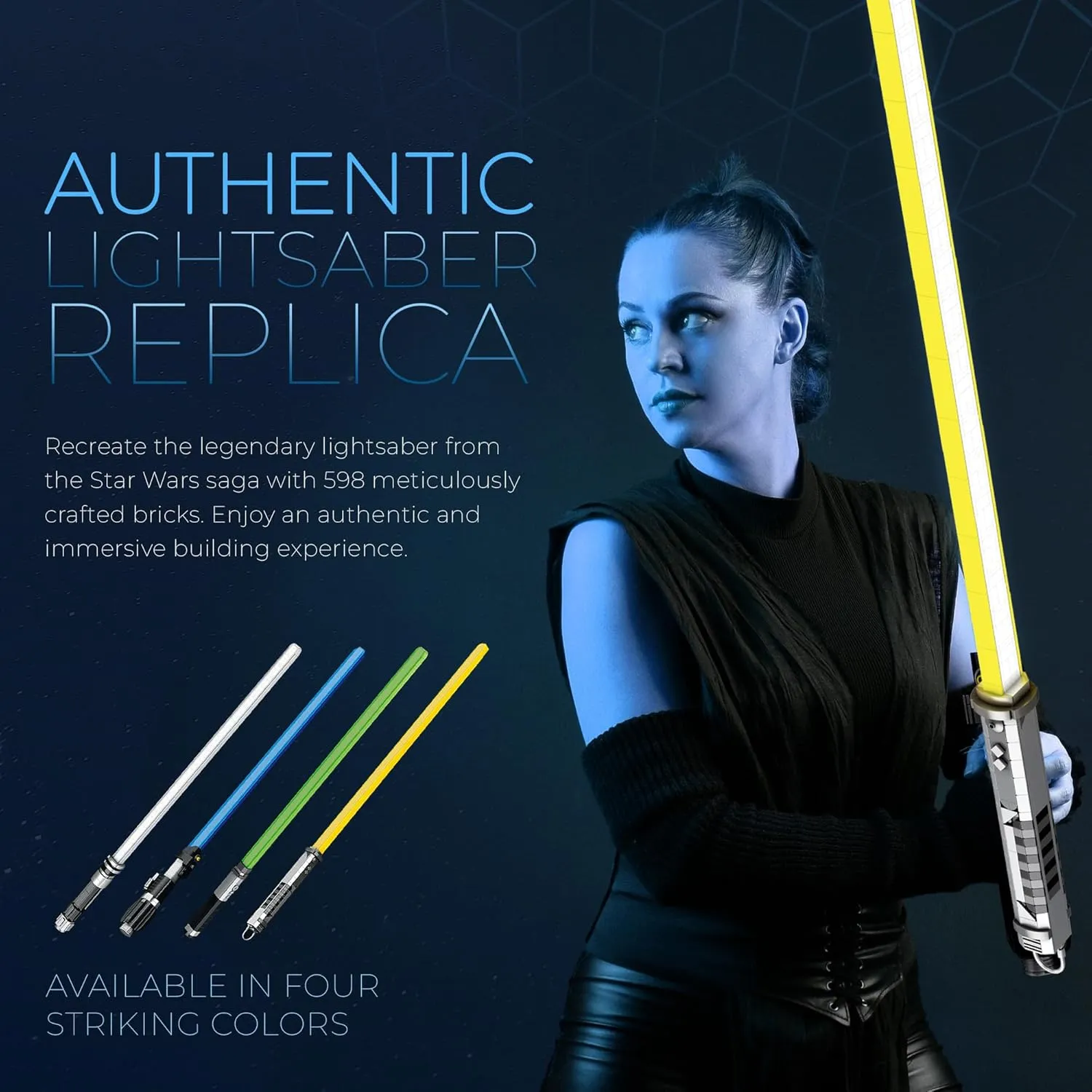 dOMOb Lightsaber Building Blocks Kit Yellow - 598 Bricks Sword Model Set - STEM Toy 14  Kids & Adults - with Night Glowing Effect, Display Stand, and Sprayed Handle - for Hobbyist, Cosplay, Collect