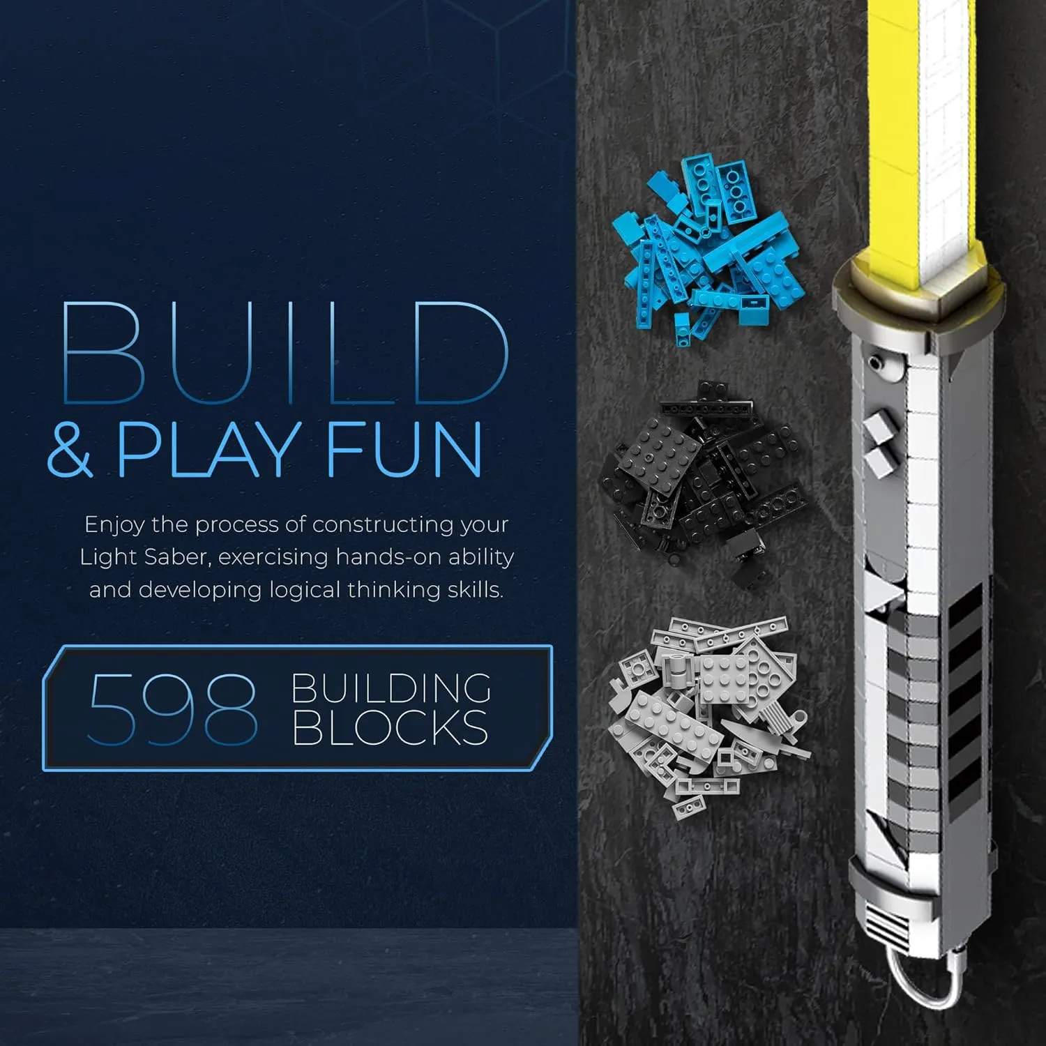 dOMOb Lightsaber Building Blocks Kit Yellow - 598 Bricks Sword Model Set - STEM Toy 14  Kids & Adults - with Night Glowing Effect, Display Stand, and Sprayed Handle - for Hobbyist, Cosplay, Collect