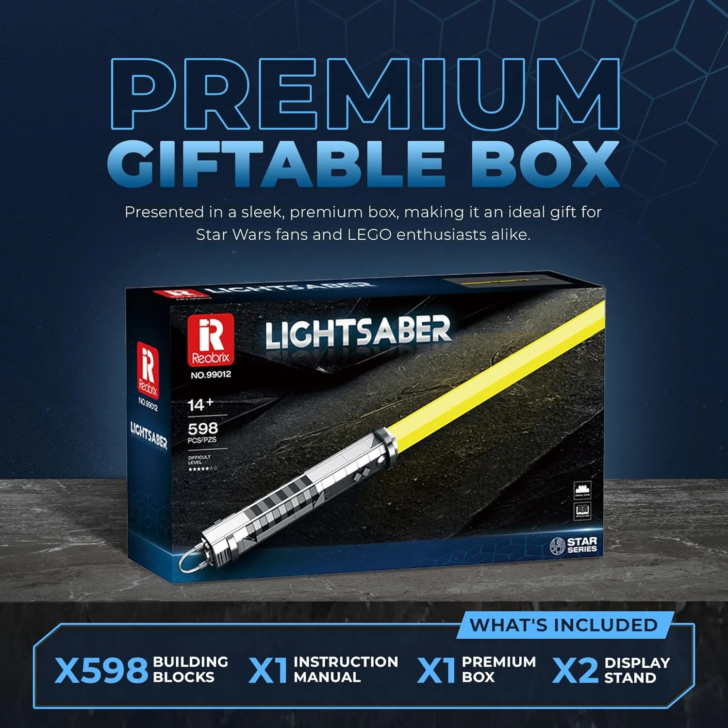 dOMOb Lightsaber Building Blocks Kit Yellow - 598 Bricks Sword Model Set - STEM Toy 14  Kids & Adults - with Night Glowing Effect, Display Stand, and Sprayed Handle - for Hobbyist, Cosplay, Collect