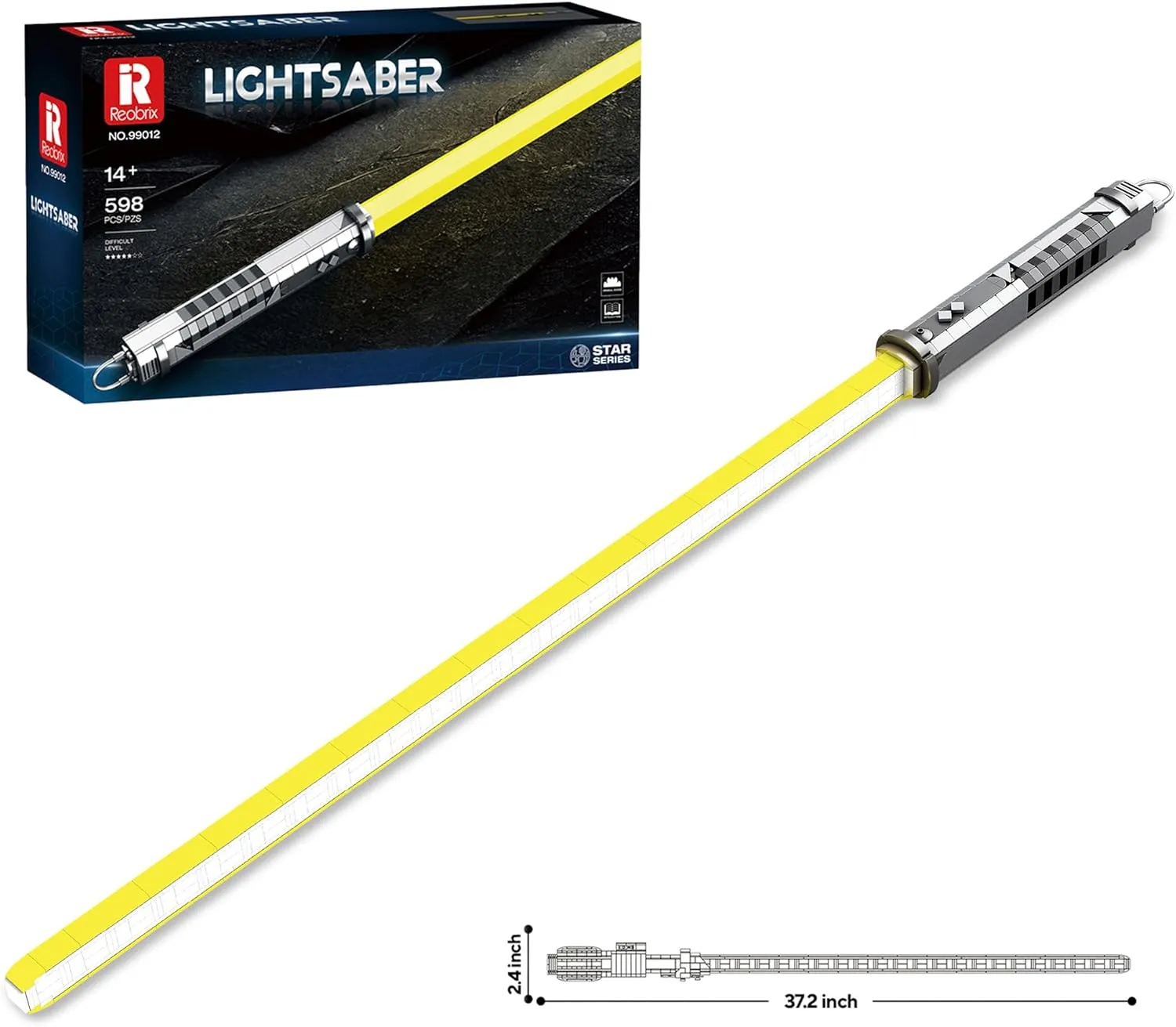 dOMOb Lightsaber Building Blocks Kit Yellow - 598 Bricks Sword Model Set - STEM Toy 14  Kids & Adults - with Night Glowing Effect, Display Stand, and Sprayed Handle - for Hobbyist, Cosplay, Collect