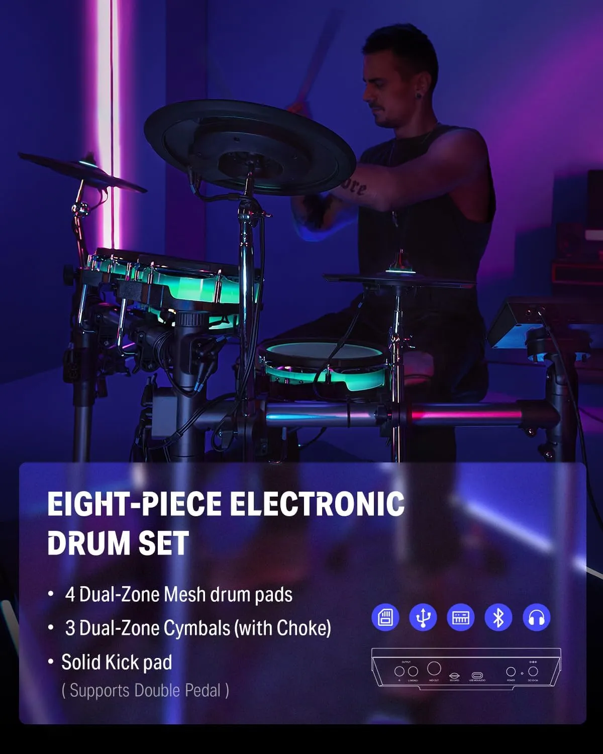 Donner BackBeat Electric Drum Set with High-Tech 7-inch Touchscreen and Donner Electric Drum AMP, 80-Watt Wireless Electronic Drum Amplifier Professional DDA-80