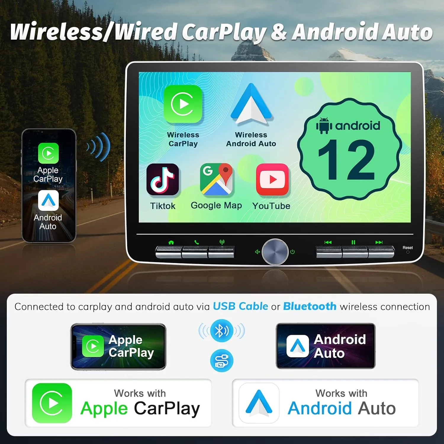 Double Din Car Stereo: 10 Inch Android Double Din Car Radio Touch Floating Screen Compatible with Apple Carplay Android Auto, 2Din Head Unit Car Audio Receiver with AM/FM, GPS Navi, SWC, MIC