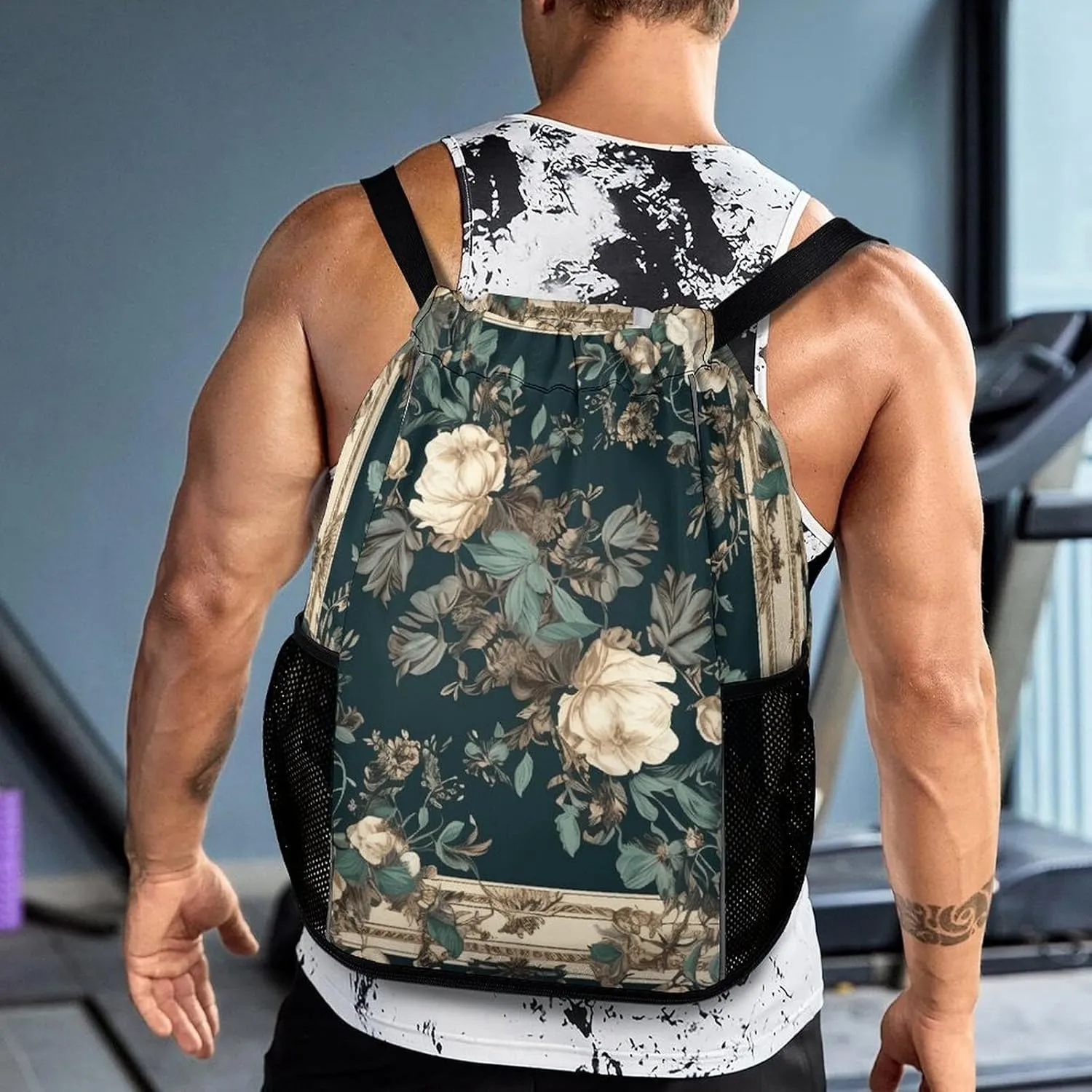 Drawstring Backpack Sport Gym Flowers on Frame Sackpack Bag With Side Pocket Resistant Sackpack for Women Men