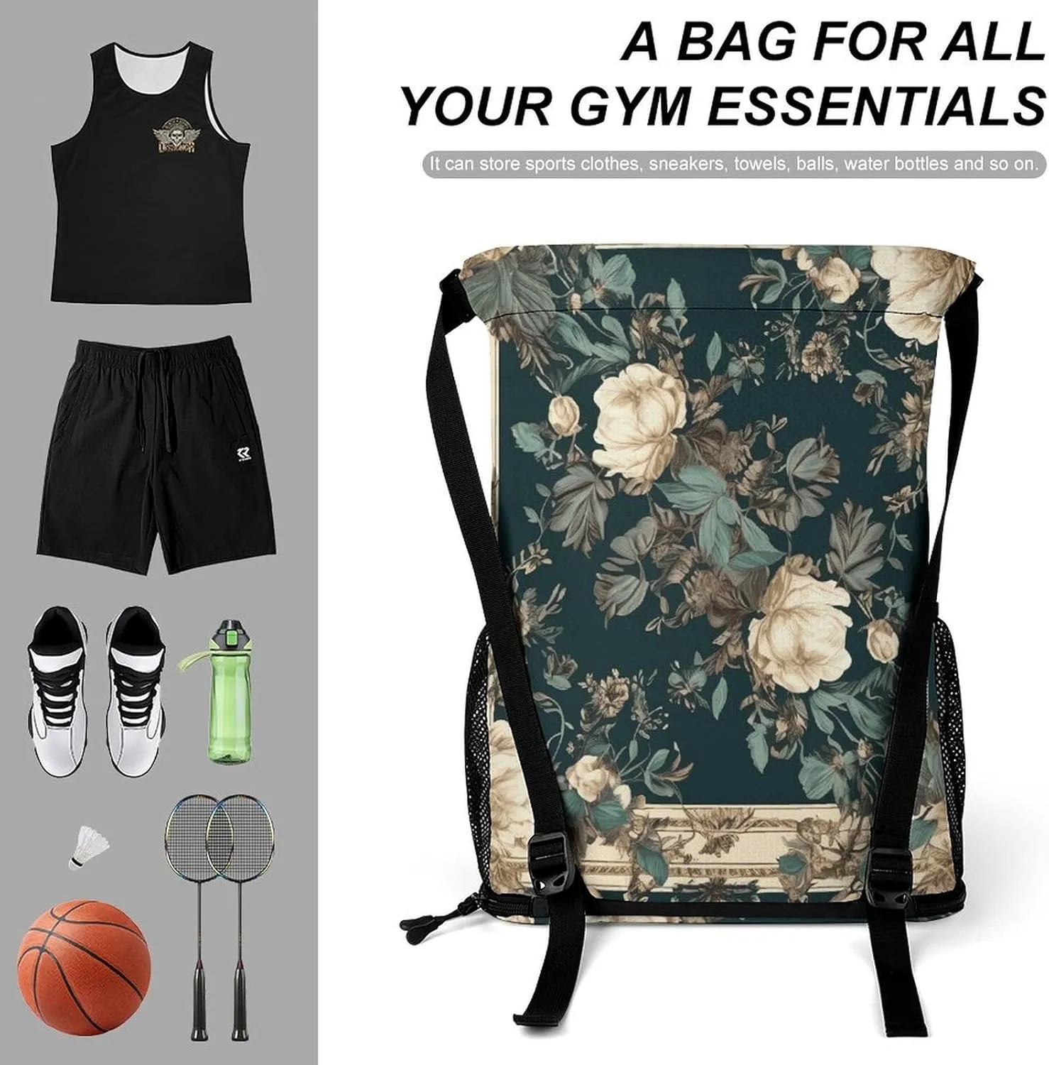 Drawstring Backpack Sport Gym Flowers on Frame Sackpack Bag With Side Pocket Resistant Sackpack for Women Men