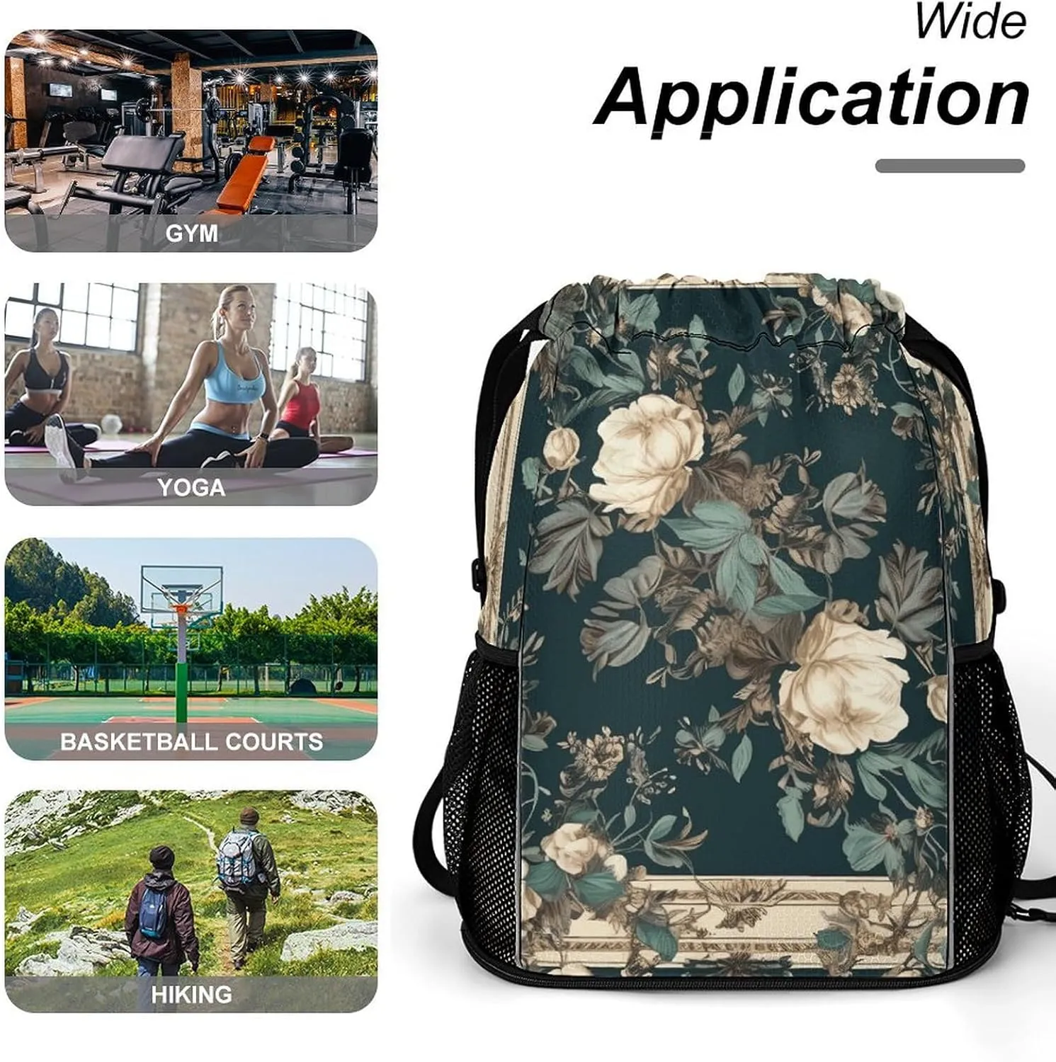 Drawstring Backpack Sport Gym Flowers on Frame Sackpack Bag With Side Pocket Resistant Sackpack for Women Men