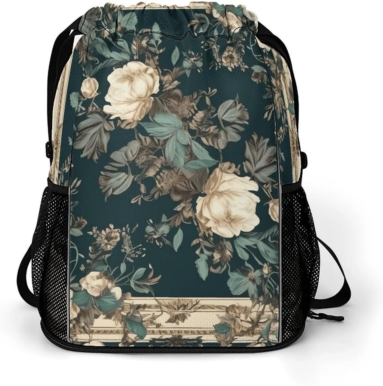 Drawstring Backpack Sport Gym Flowers on Frame Sackpack Bag With Side Pocket Resistant Sackpack for Women Men