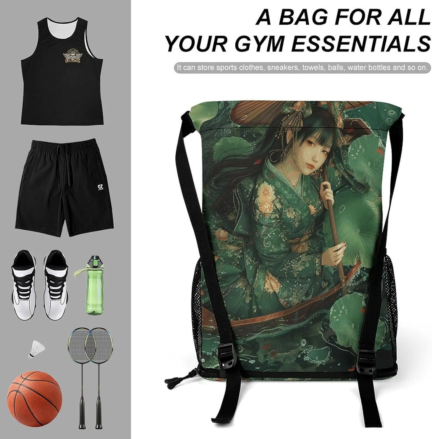 Drawstring Backpack Sport Gym Green Leaves And Boat Sackpack Bag With Side Pocket Resistant Sackpack for Women Men