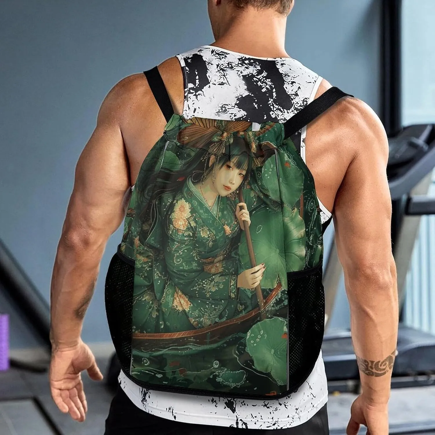 Drawstring Backpack Sport Gym Green Leaves And Boat Sackpack Bag With Side Pocket Resistant Sackpack for Women Men