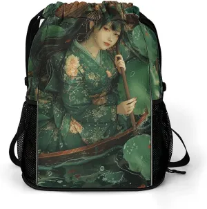 Drawstring Backpack Sport Gym Green Leaves And Boat Sackpack Bag With Side Pocket Resistant Sackpack for Women Men