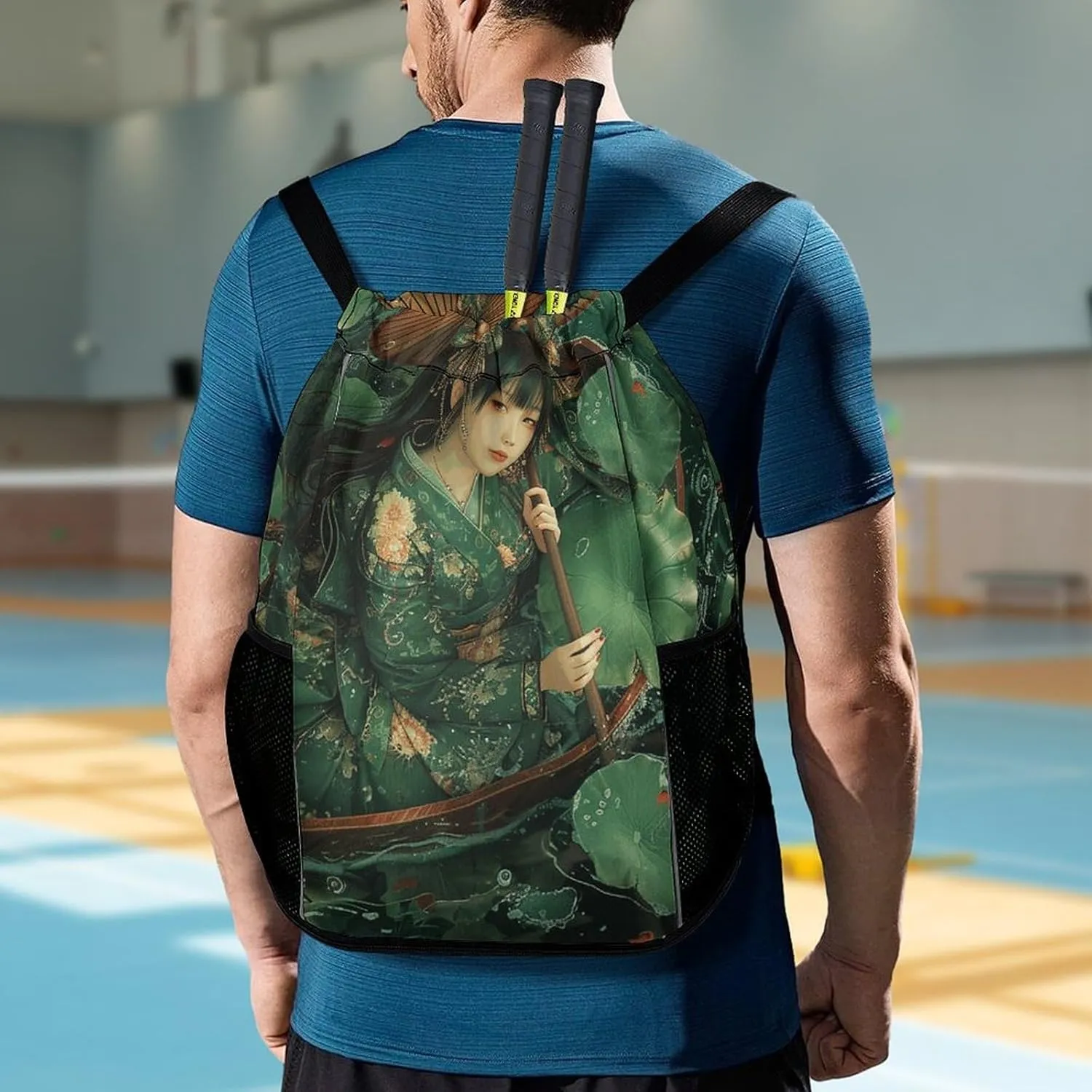 Drawstring Backpack Sport Gym Green Leaves And Boat Sackpack Bag With Side Pocket Resistant Sackpack for Women Men