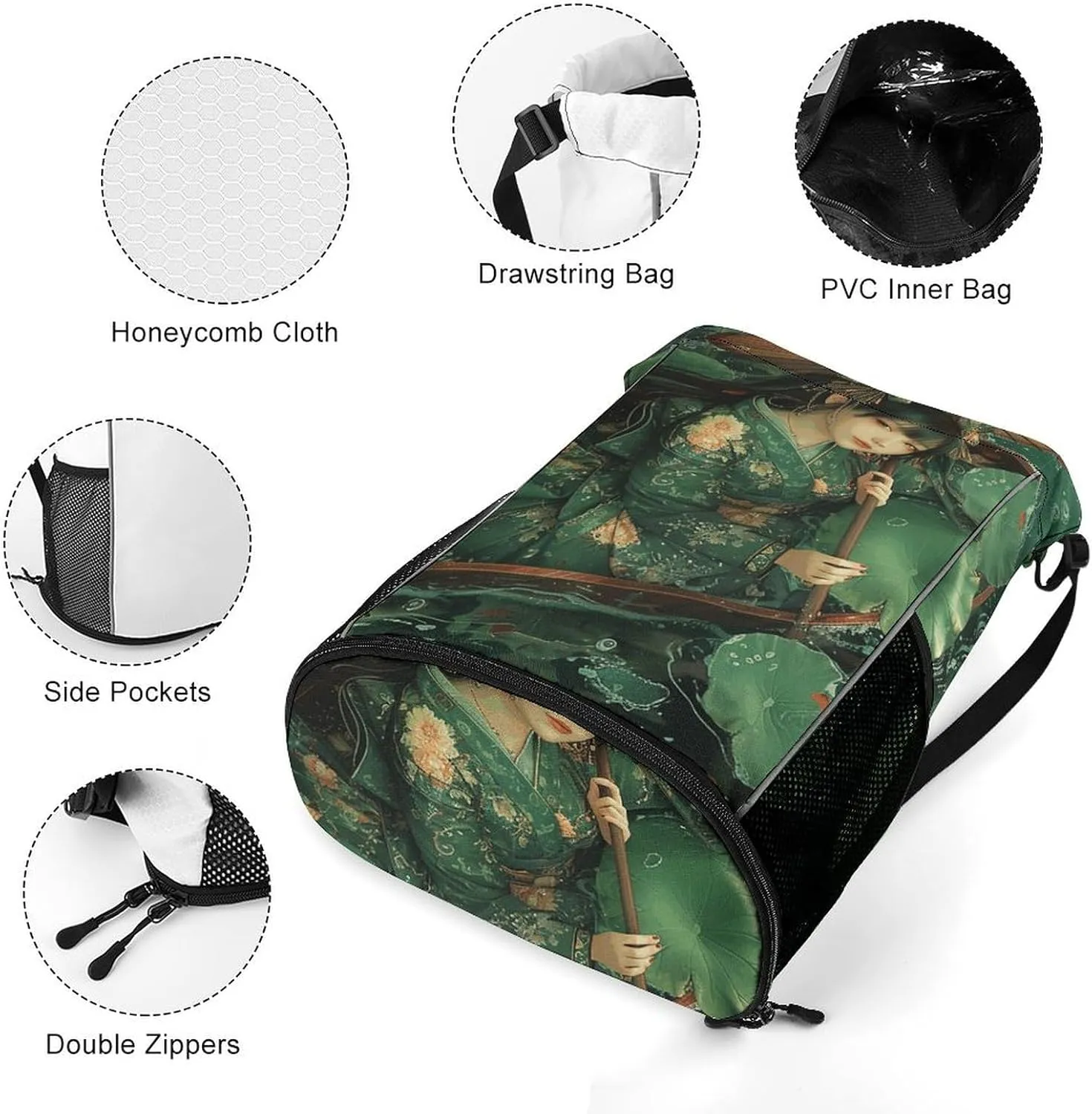 Drawstring Backpack Sport Gym Green Leaves And Boat Sackpack Bag With Side Pocket Resistant Sackpack for Women Men