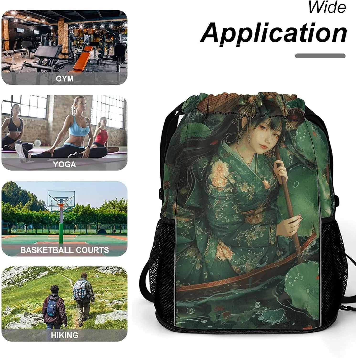 Drawstring Backpack Sport Gym Green Leaves And Boat Sackpack Bag With Side Pocket Resistant Sackpack for Women Men
