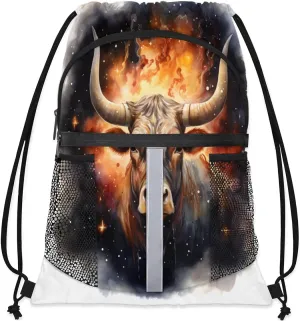 Drawstring Backpack String Bag with Side Pocket Sports Gym Soccer Cinch Sackpack for Women Men Small Beach Workout Storage for Swimming Gear Retro Cattle Stars Fire Watercolor Backpack