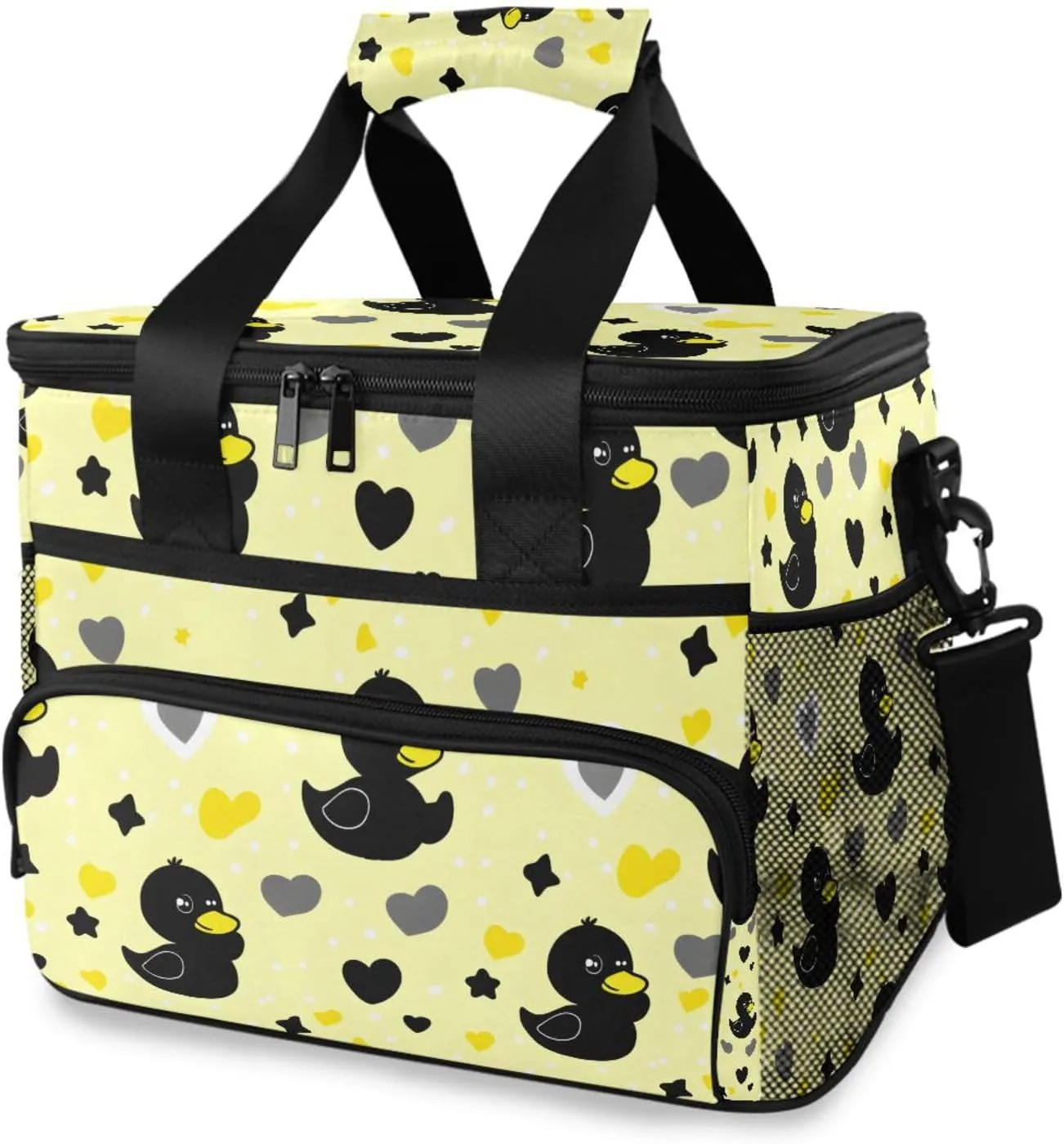 Duck Black Heart Yellow Cooler Bag Insulated Cooler Soft Sided Cooler 24 Can Portable Picnic Bag Large Leakproof Lunch Bag Box for Beach Grocery Camping Travel Car Men Women
