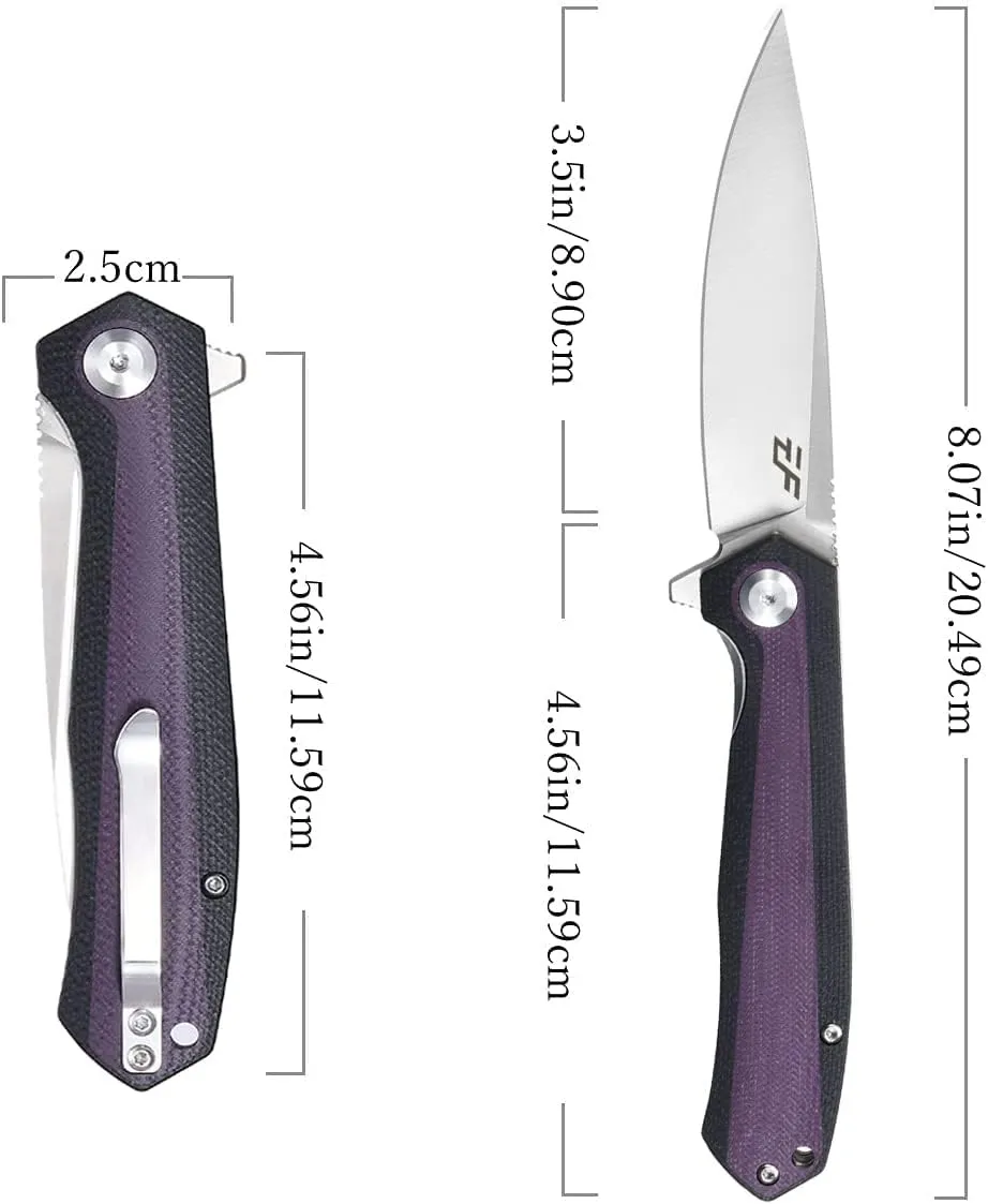 Eafengrow EF964 Pocket Folding Knife G10 Handle D2 Blade EDC Tool Knife with Pocket Clip Fast Opening Ball Bearing Folder for Outdoor Camping Hiking (Purple)
