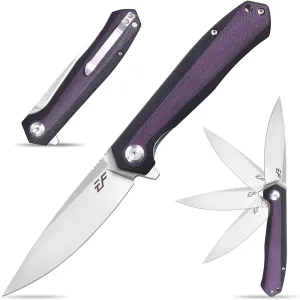 Eafengrow EF964 Pocket Folding Knife G10 Handle D2 Blade EDC Tool Knife with Pocket Clip Fast Opening Ball Bearing Folder for Outdoor Camping Hiking (Purple)