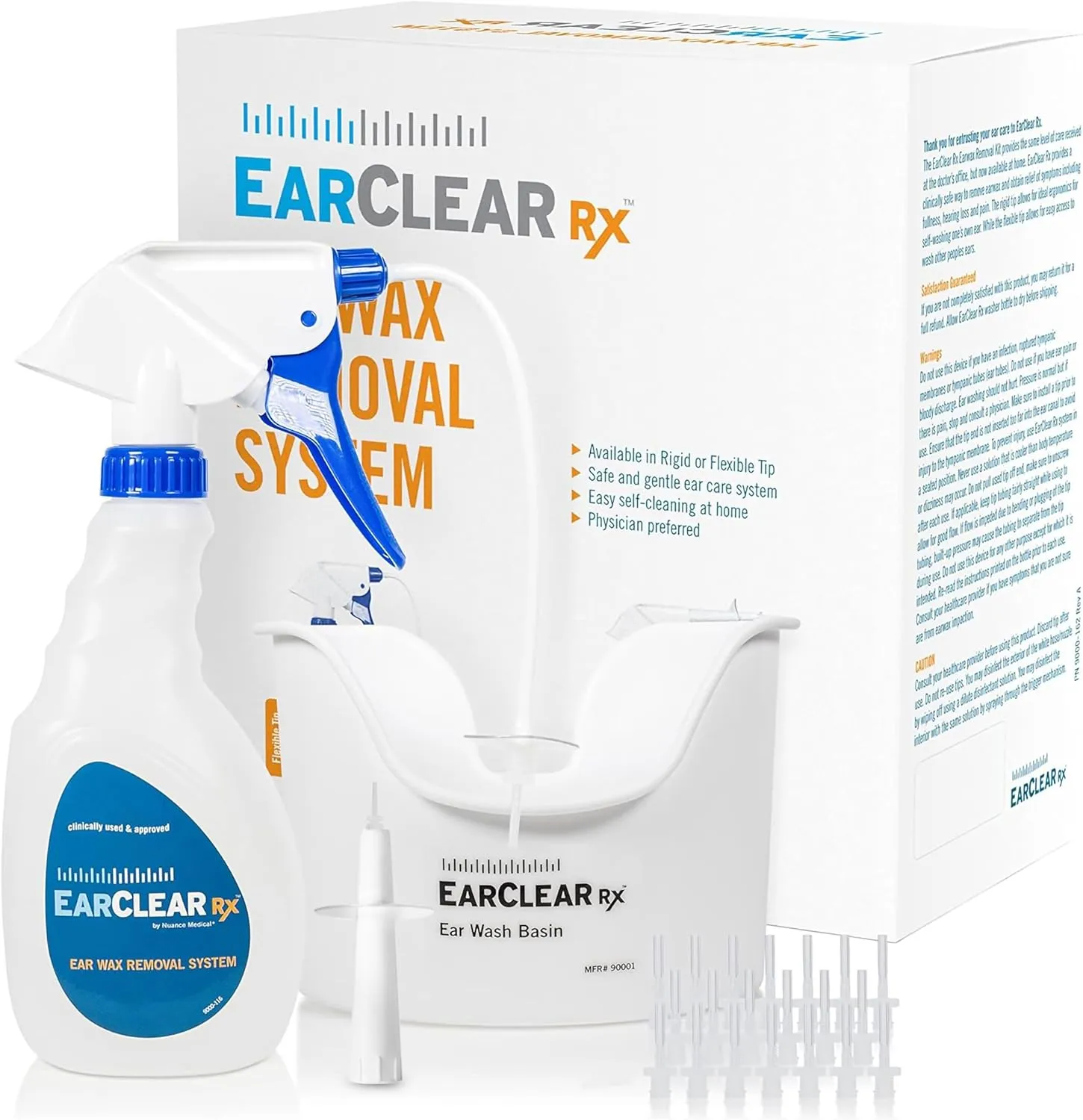 EarClear Rx Complete Ear Wax Removal & Cleaning Kit – Safe, Gentle, Doctor-Recommended Ear Cleaning & Ear Wax Removal Kit for Adults & Kids – Includes Bottle Washer, Basin & 20 Rigid & Flexible Tips