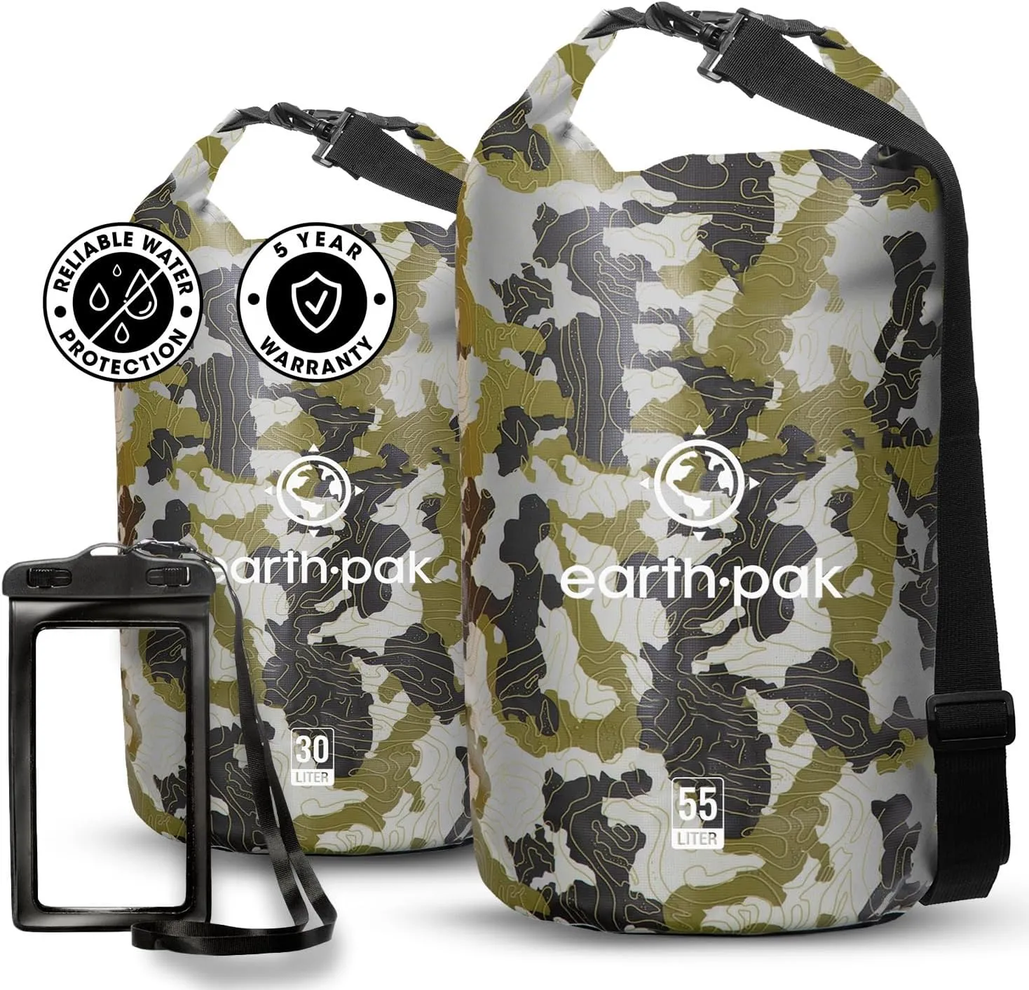 Earth Pak Waterproof Dry Bag - Roll Top Waterproof Backpack Sack (Camo 55L & 30L)