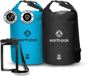 Earth Pak Waterproof Dry Bag - Roll Top Waterproof Backpack Sack (Light Blue 20L & Black 20L)