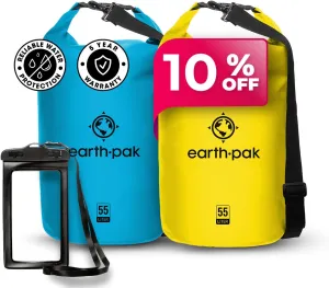 Earth Pak Waterproof Dry Bag - Roll Top Waterproof Backpack Sack (Light Blue 55L & Yellow 55L)