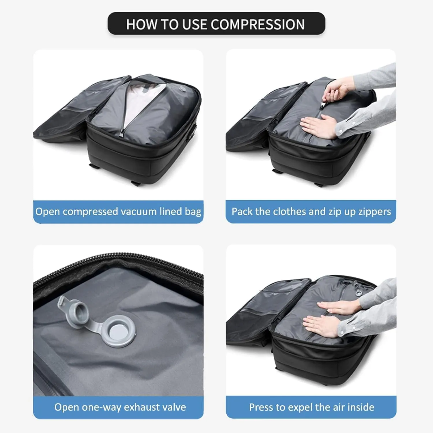 Easy Vac Pack Backpack, Easyvacpack usa Carry on, Vacuum Compression System Expands Capacity to 60L, Easy to Take on Plane (Gray   (with air pump))