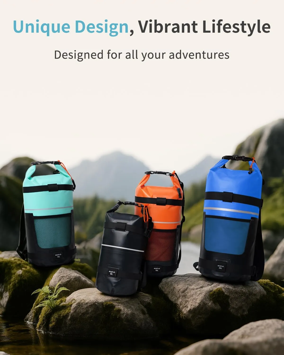 ECOHUB Waterproof Dry Bag for Women Men, 5L/10L/20L Roll Top Lightweight Dry Storage Bag Backpack for Travel Kayaking Hiking Floating with Waterproof Phone Case