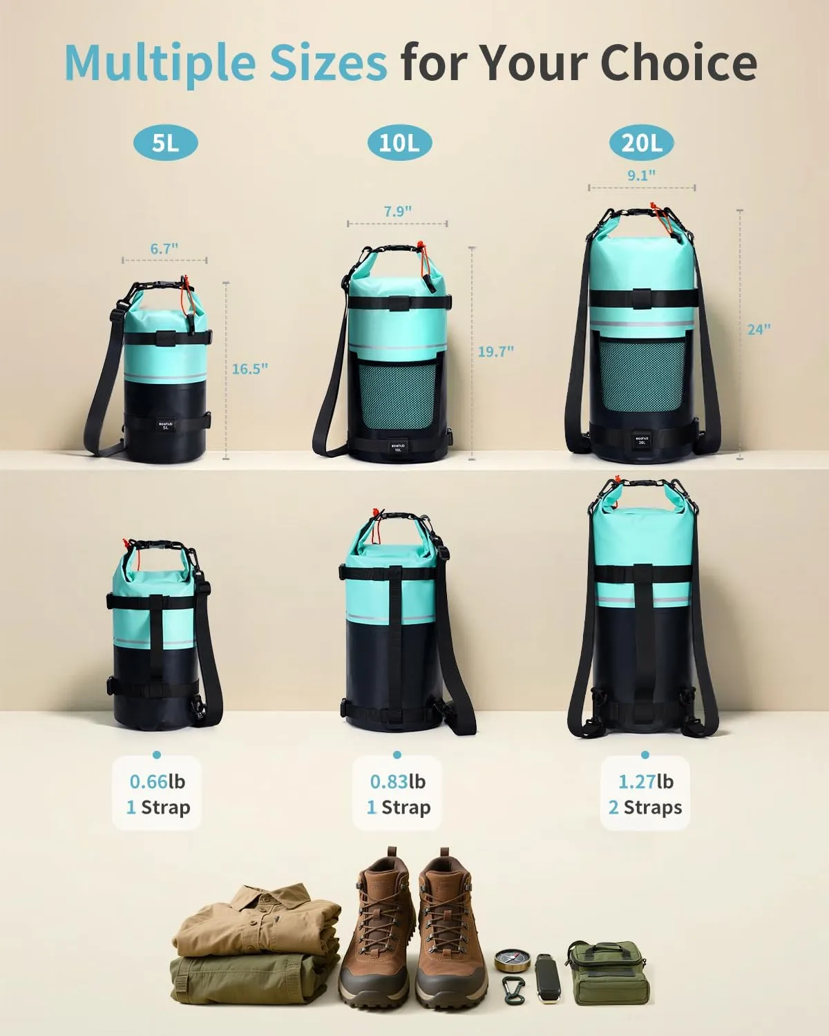 ECOHUB Waterproof Dry Bag for Women Men, 5L/10L/20L Roll Top Lightweight Dry Storage Bag Backpack for Travel Kayaking Hiking Floating with Waterproof Phone Case