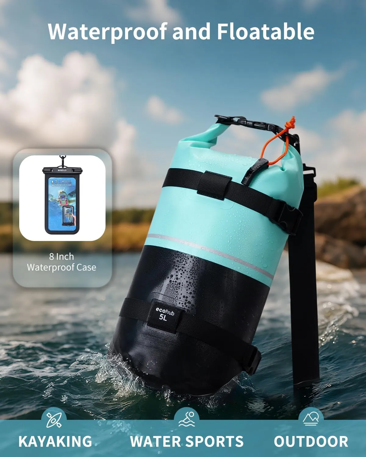 ECOHUB Waterproof Dry Bag for Women Men, 5L/10L/20L Roll Top Lightweight Dry Storage Bag Backpack for Travel Kayaking Hiking Floating with Waterproof Phone Case