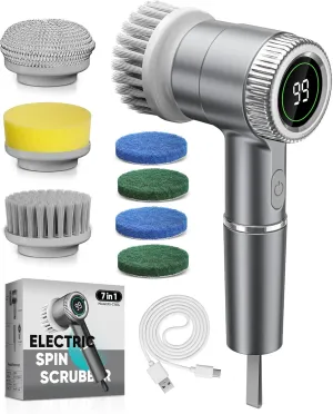 Electric Spin Scrubber, Cordless Cleaning Brush with 7 Replaceable Brush Heads, 3 Adjustable Speeds and LED Display, Power Scrubber for Cleaning Kitchen, Bathroom, Window, Sink，LXC ASK5