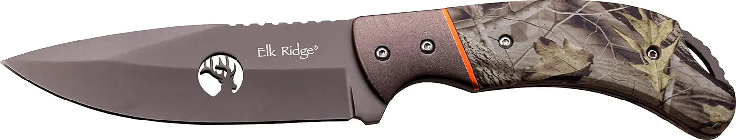 Elk Ridge - Fixed Blade Knife - 7.75-in Overall, 3.25-in Grey TiNite Coated Stainless Steel Blade, Camo Coated Wood Handle, Leather Sheath - Hunting, Camping, Survival
